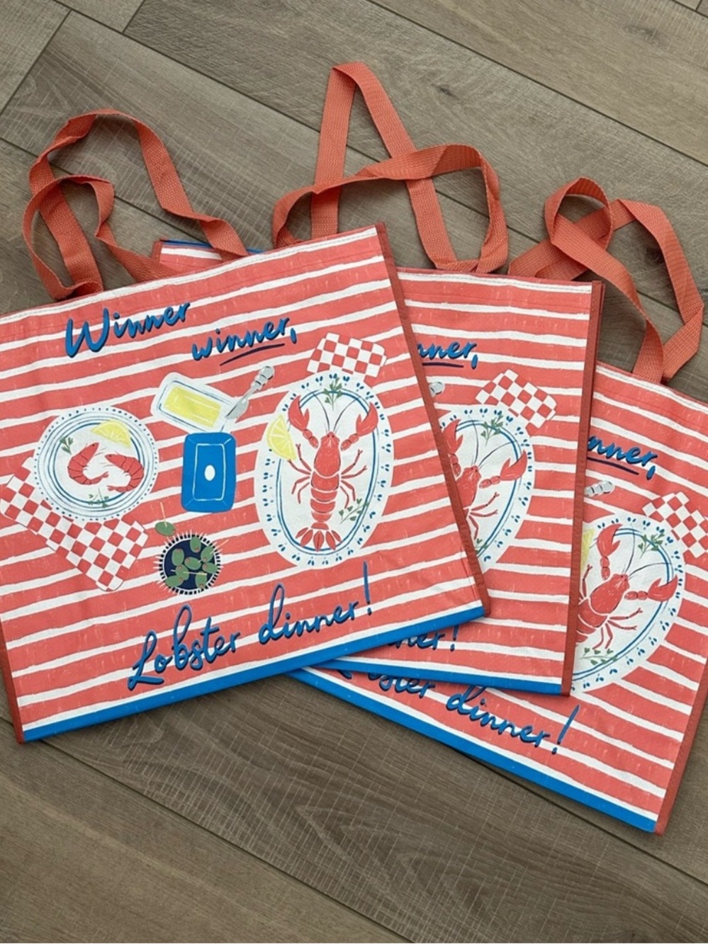 Homegoods TJMaxx Marshalls Striped Lobster Dinner Print Tote Bags Set of 3 NWOT